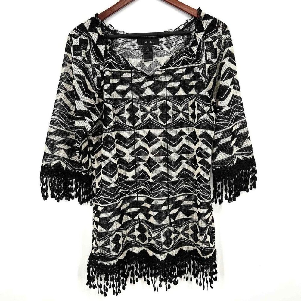 Ali Miles Black White Geometric Semi Sheer Knit Top Tassel Trim S Resort Coverup
